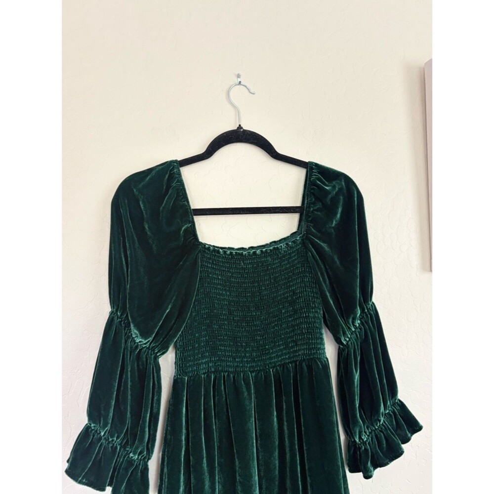 Reformation Albi Velvet Mini Dress Emerald Green Smocked Puff Sleeve Small - Picture 8 of 8